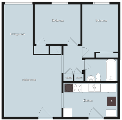 A floor plan of a house with a living room, dining room, kitchen, and two bedrooms.